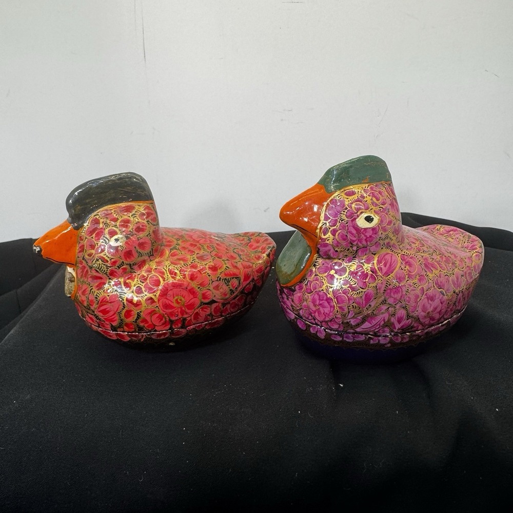 Hand Painted Kashmiri Paper Machè India Art Trinket Boxes 2 Birds Chickens?
